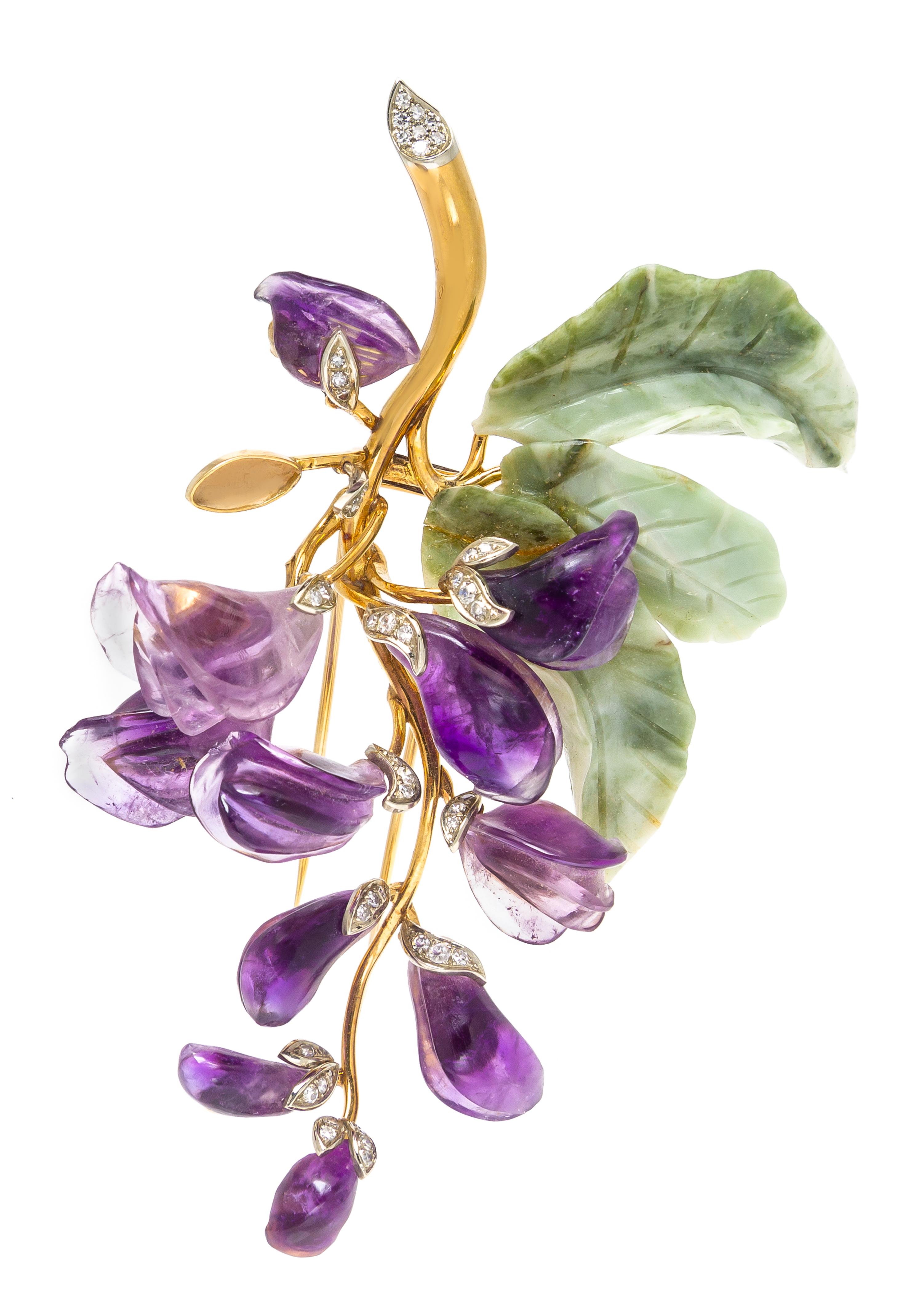 An 18 Karat Bicolor Gold, Amethyst, Hardstone and Diamond Flower Brooch, Austrian, 35.00 dwts.