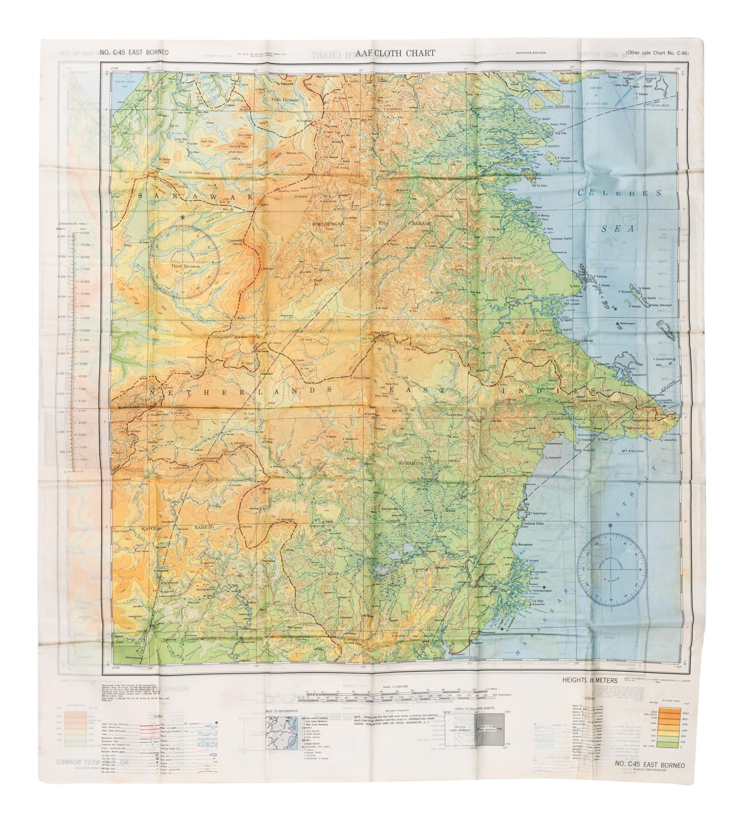 [ARMY AIR FORCE]. A group of World War II escape charts, all printed in Washington, D. C. on synthetic silk cloth, comprising: