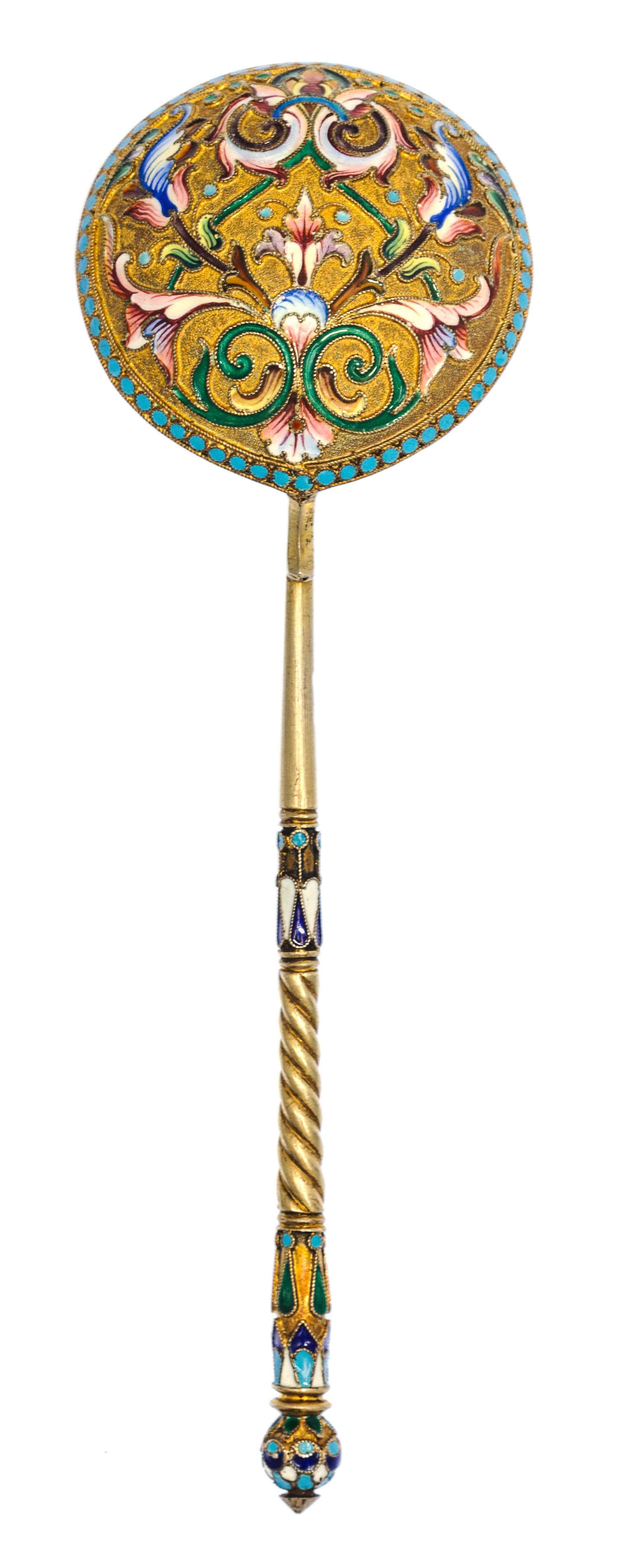 A Russian Silver-Gilt and Enamel Spoon, Mark of Maria Semenova, Moscow, late 19th century, the underside of the bowl with polychrome fl