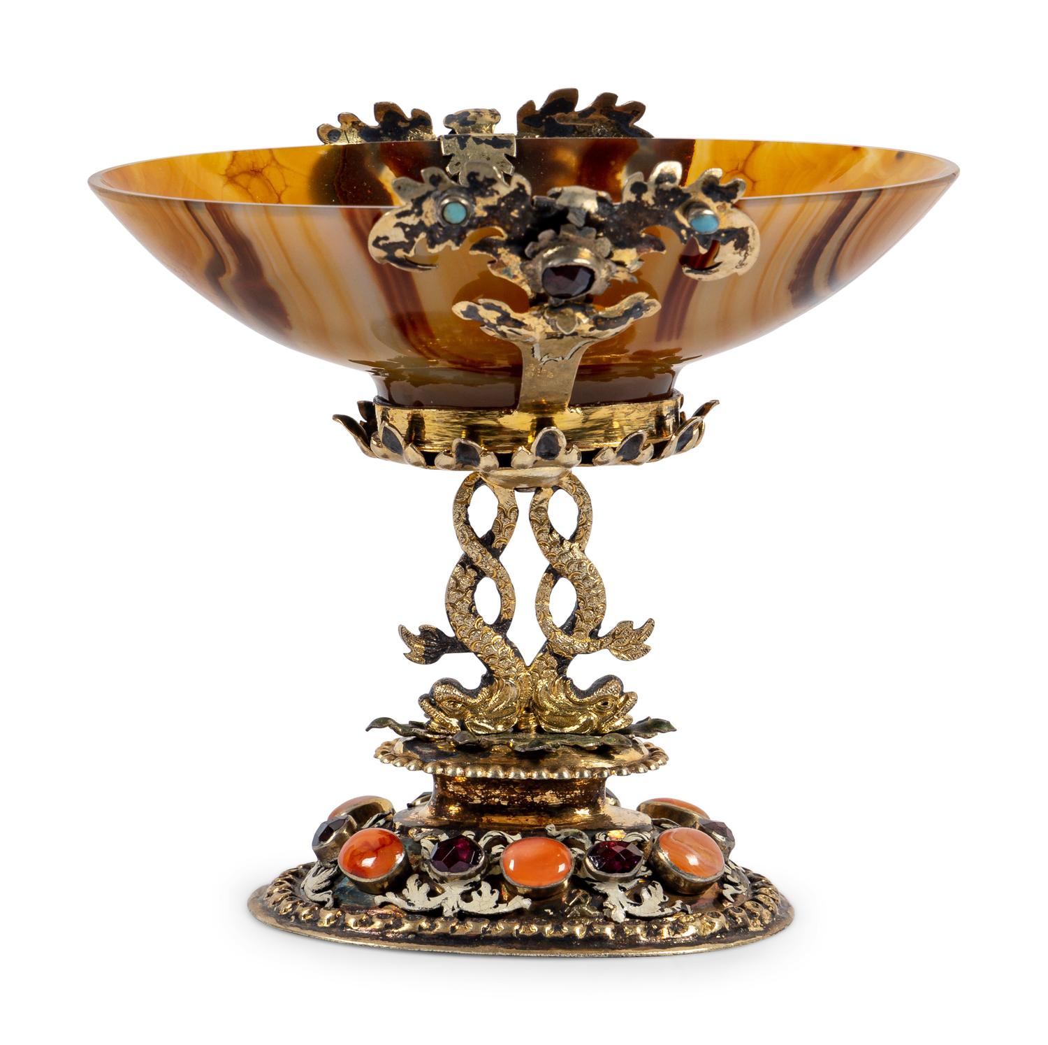 A German Enameled Silver-Gilt, Jewel and Carved Agate Cup