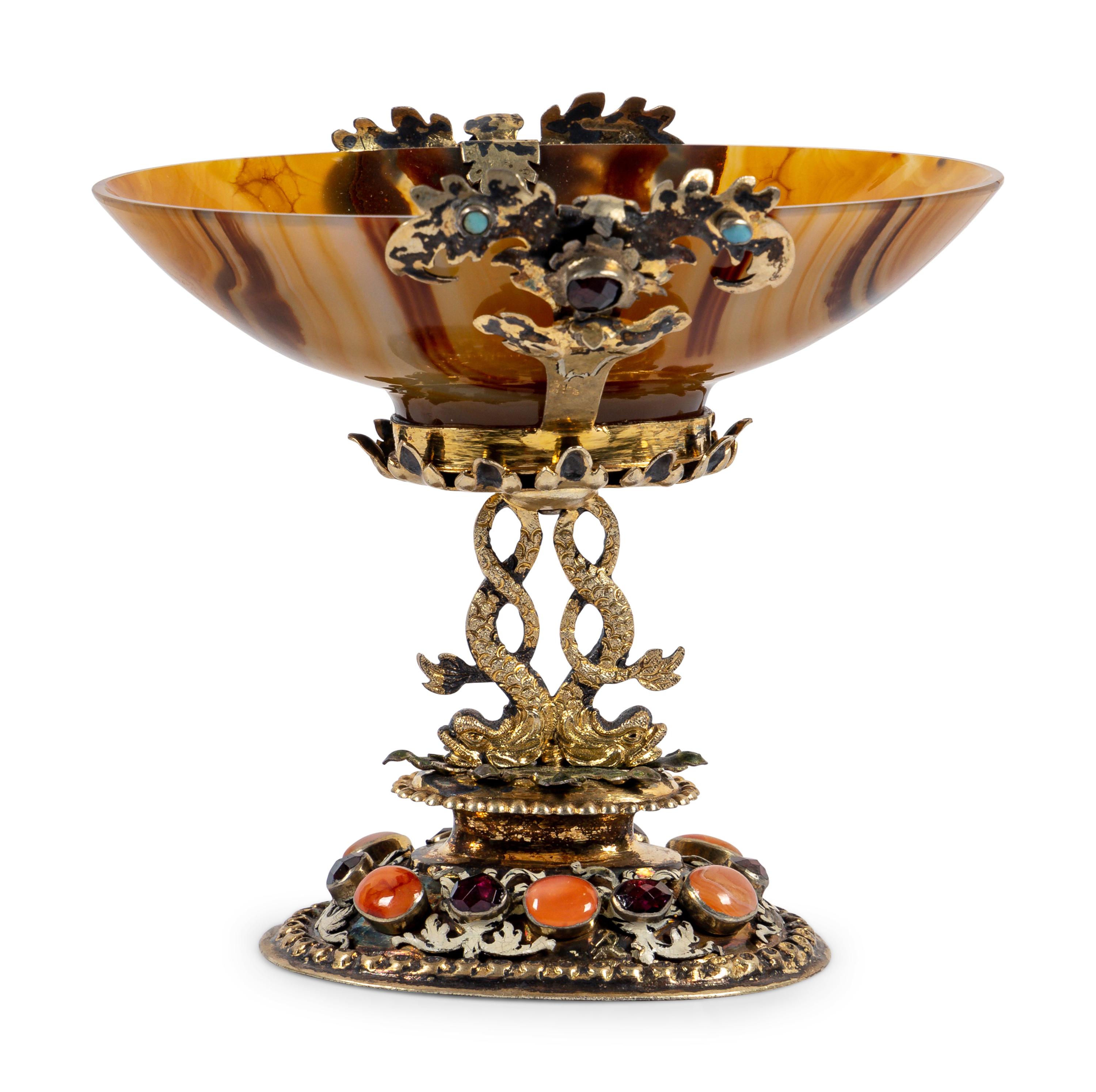 A German Enameled Silver-Gilt, Jewel and Carved Agate Cup