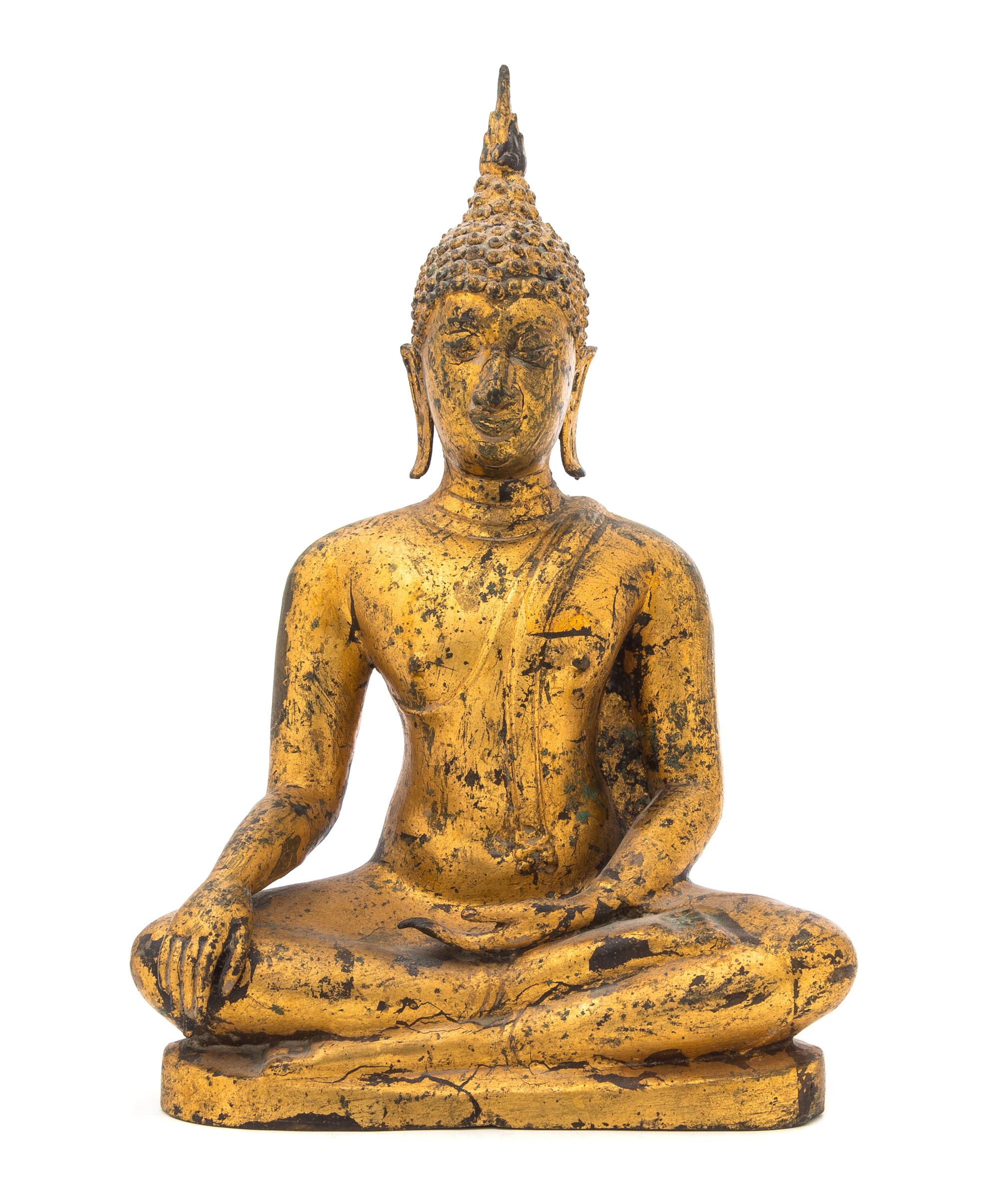 A Thai Gilt Bronze Figure of Seated Buddha Height 13 1/4 inches.