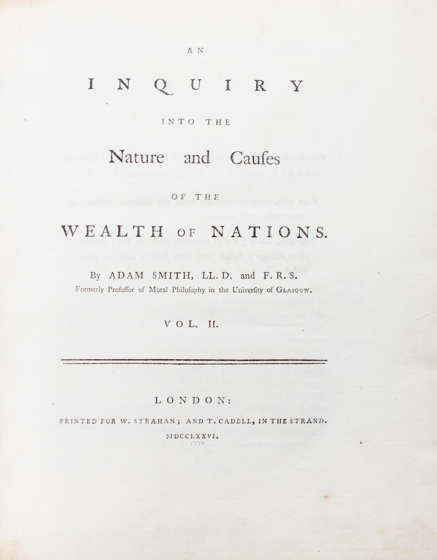 SMITH, ADAM. An Inquiry into the Nature and Causes of the Wealth of Nations. London, 1776. 2 vols. First ed.