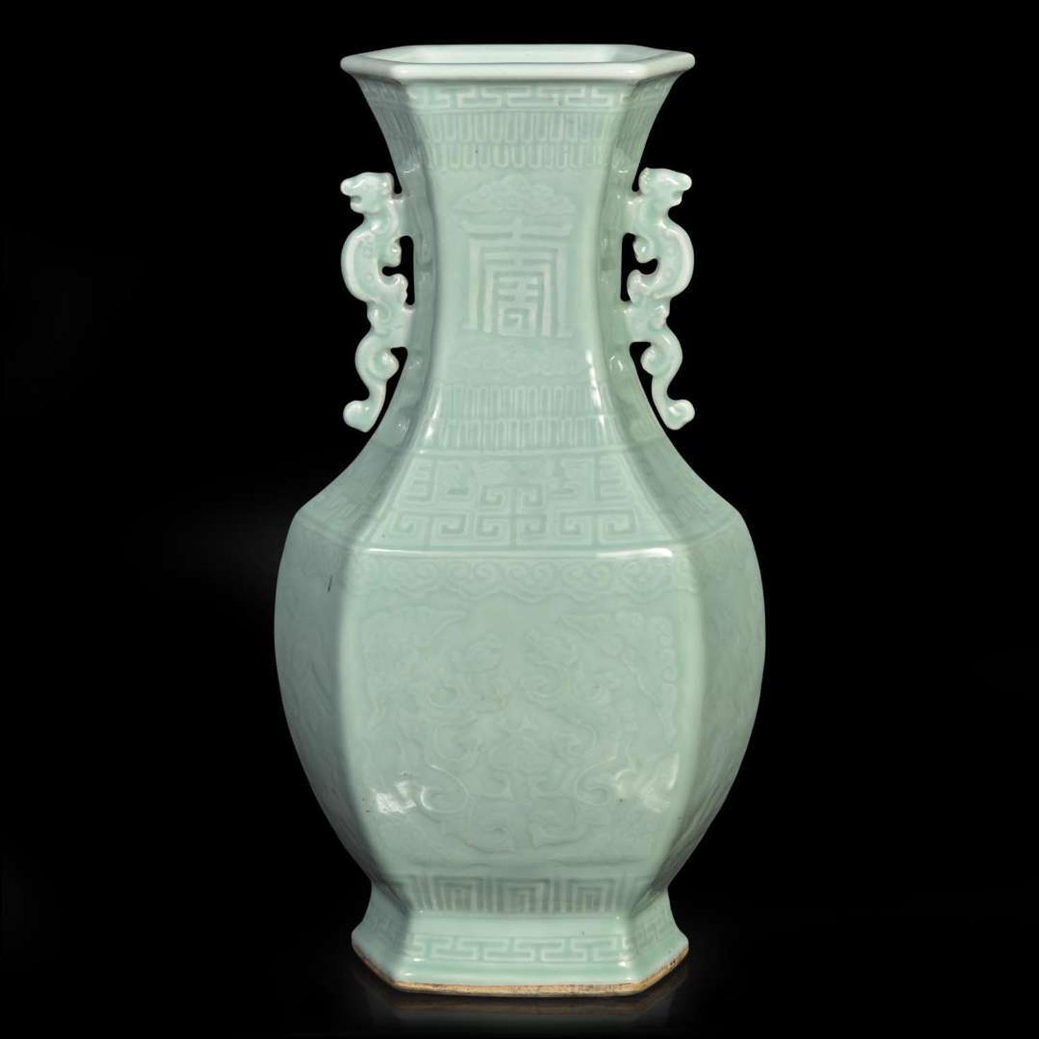 A Chinese celadon-glazed hexagonal baluster vase 青釉双耳六方瓶