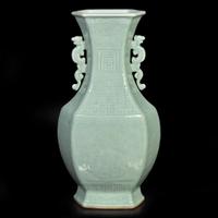 A Chinese celadon-glazed hexagonal baluster vase 青釉双耳六方瓶