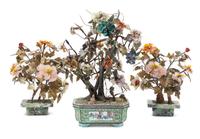 Three Jade and Hardstone Peony Tree Height of highest 24 1/2 inches.