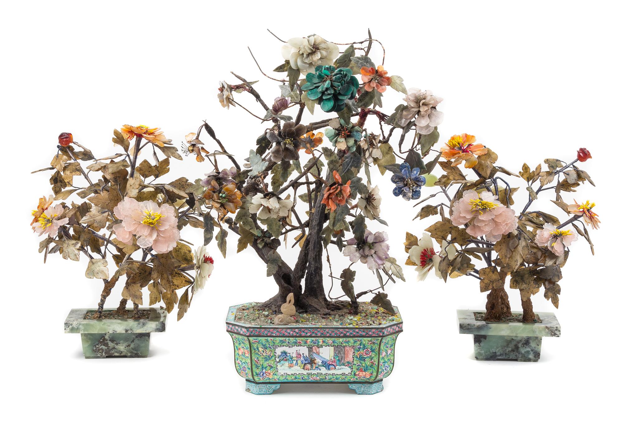 Three Jade and Hardstone Peony Tree Height of highest 24 1/2 inches.