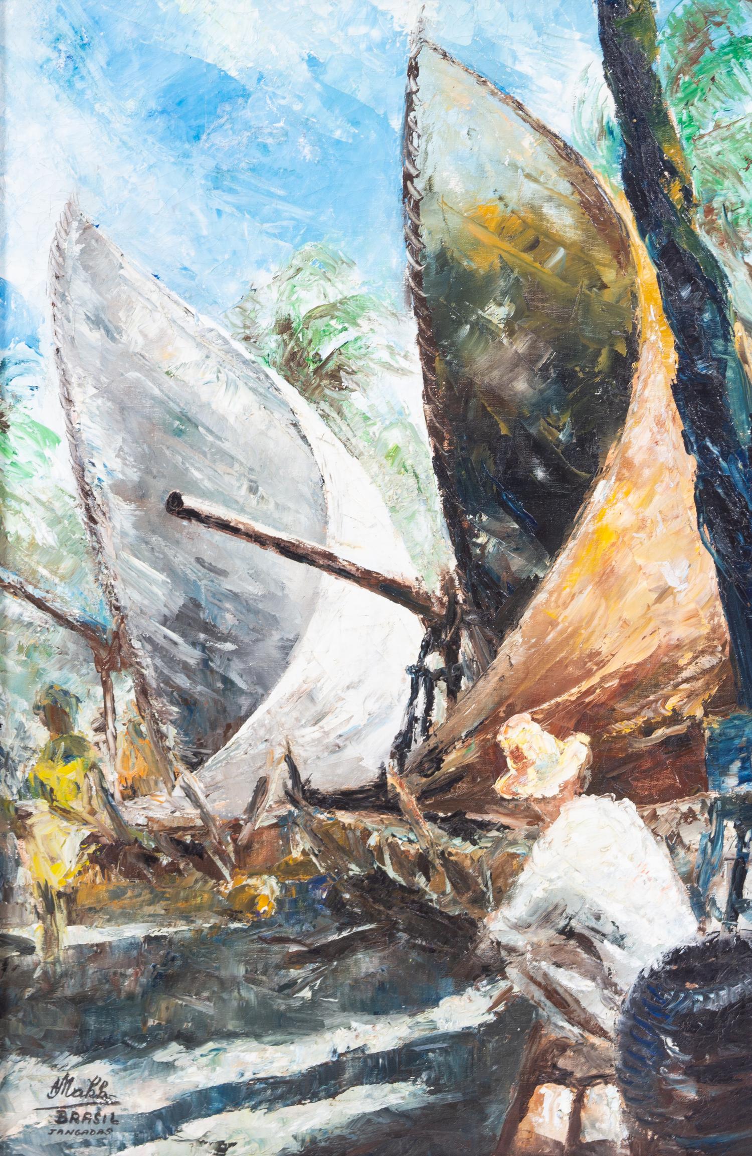 Americo Makk (Hungarian, 1927-2015) Seated Man and Sailboats oil on canvas