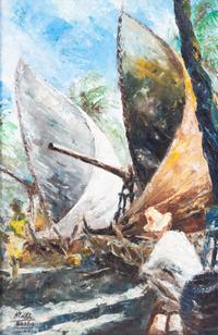 Americo Makk (Hungarian, 1927-2015) Seated Man and Sailboats oil on canvas
