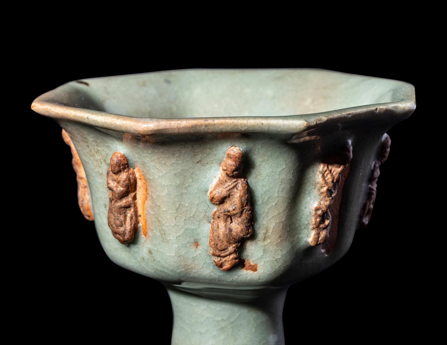 A Chinese Longquan Celadon Glazed Porcelain 'Eight Immortals' Stem Cup