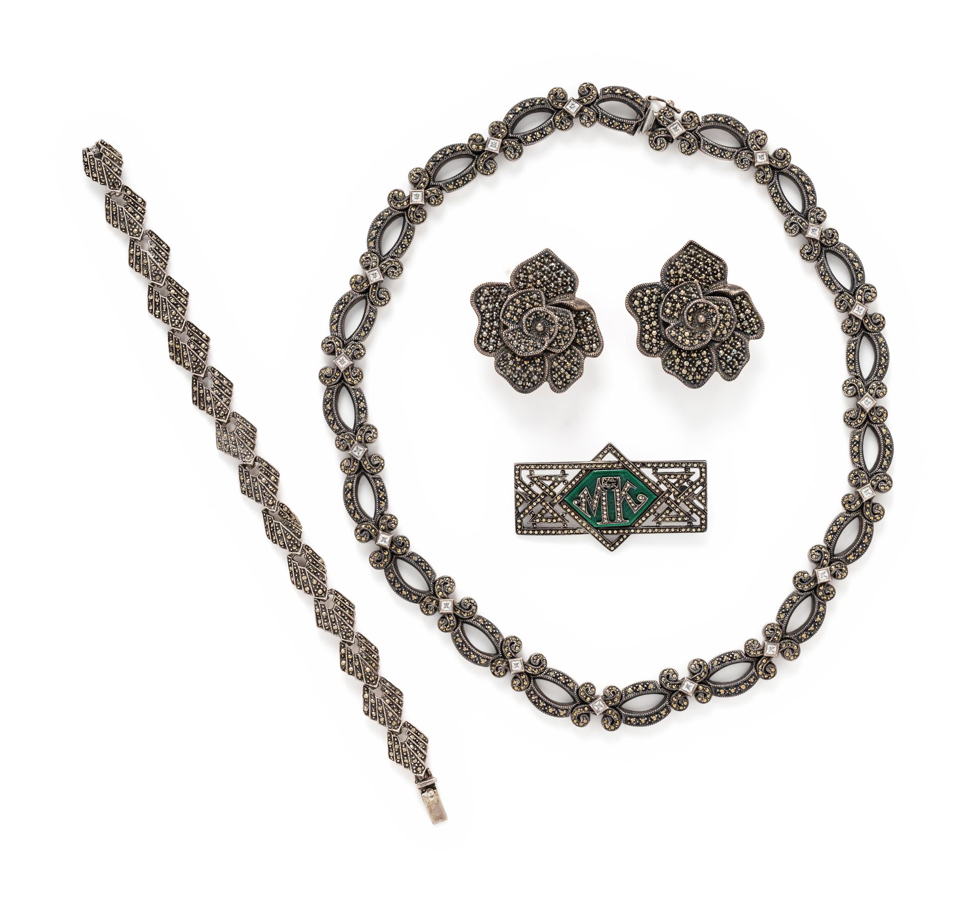 COLLECTION OF MARCASITE JEWELRY WITH MONOGRAMMED PIN