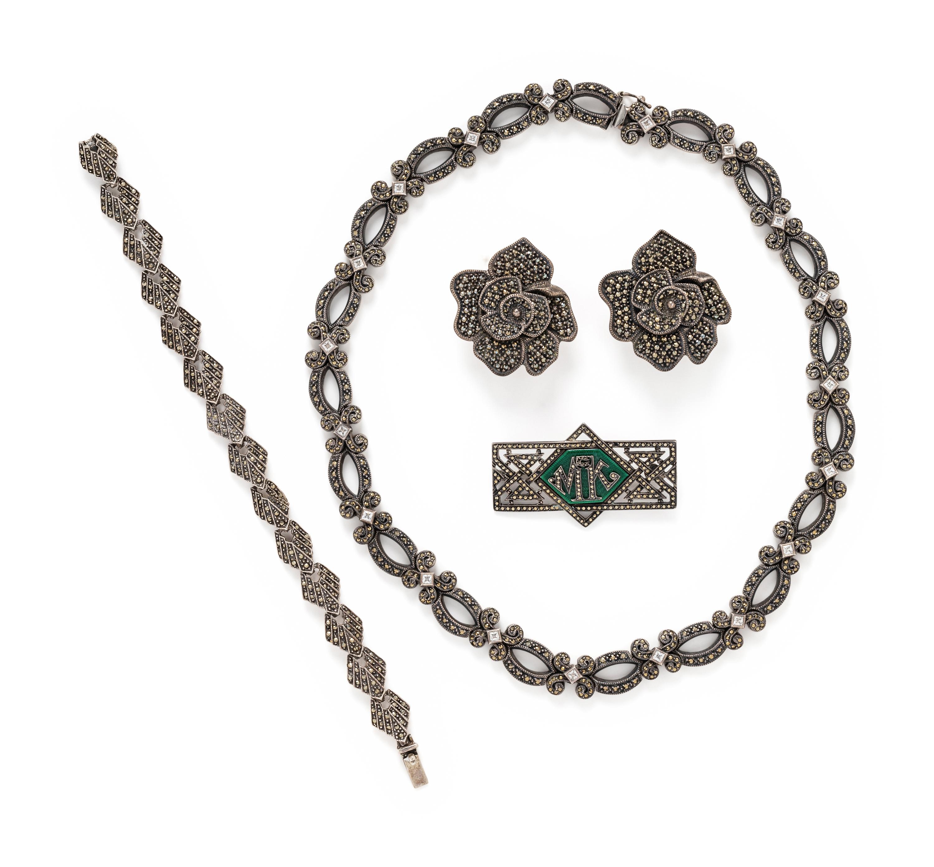 COLLECTION OF MARCASITE JEWELRY WITH MONOGRAMMED PIN