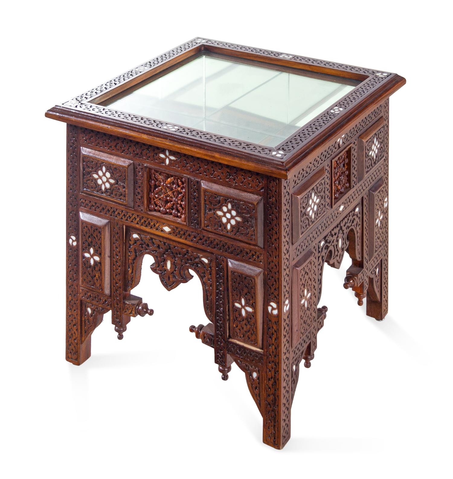 A Near Pair of Syrian Carved and Inlaid Walnut Low Vitrine Tables