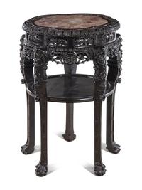 A Chinese Carved Hardwood and Marble-Inset Table