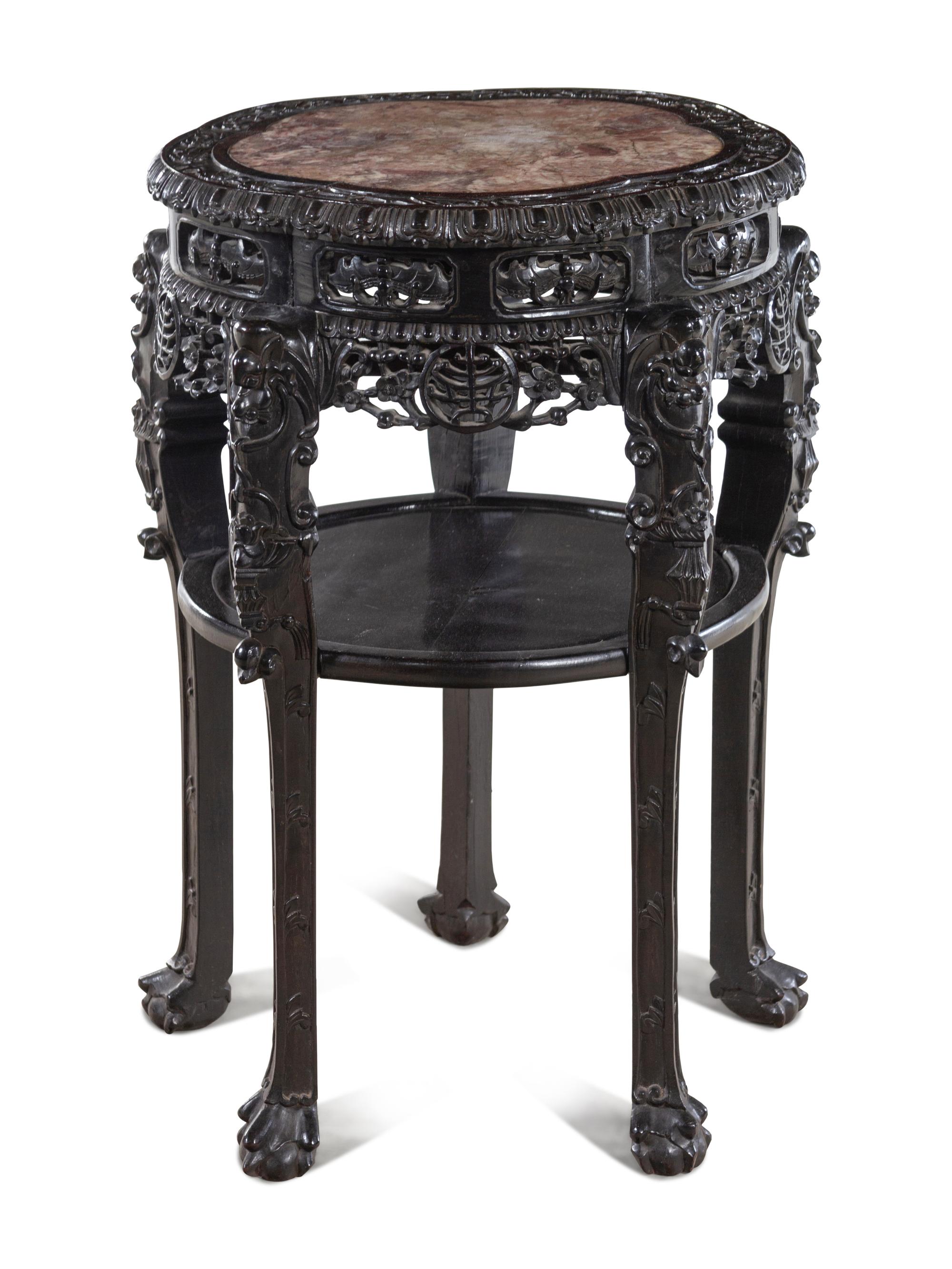 A Chinese Carved Hardwood and Marble-Inset Table