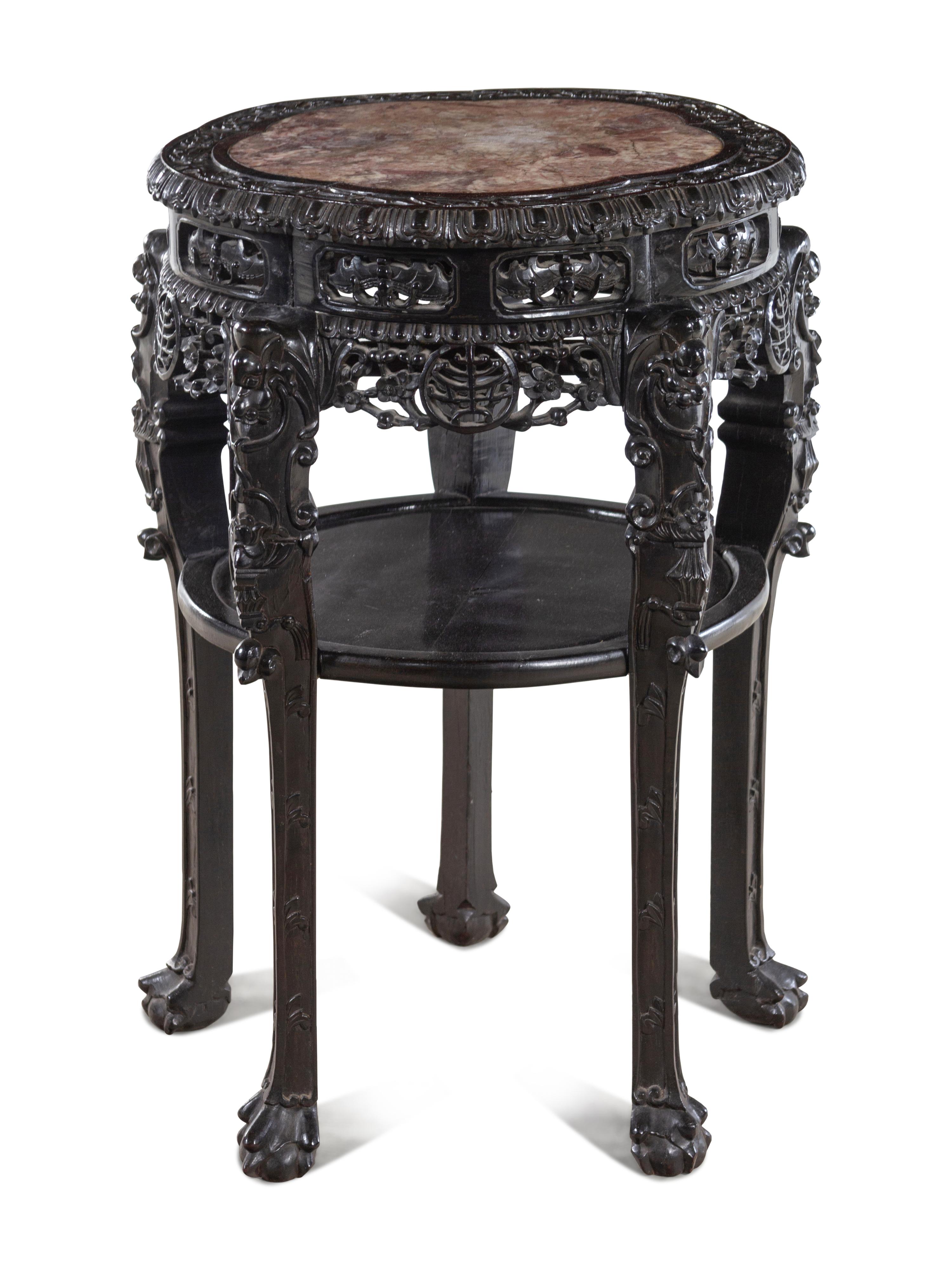 A Chinese Carved Hardwood and Marble-Inset Table