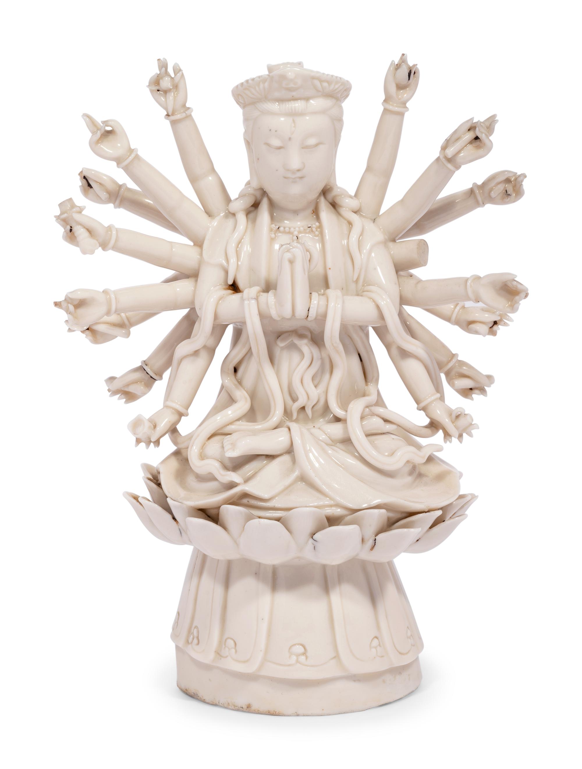 A Chinese Blanc-de-Chine Porcelain Figure of Multi-Armed Guanyin