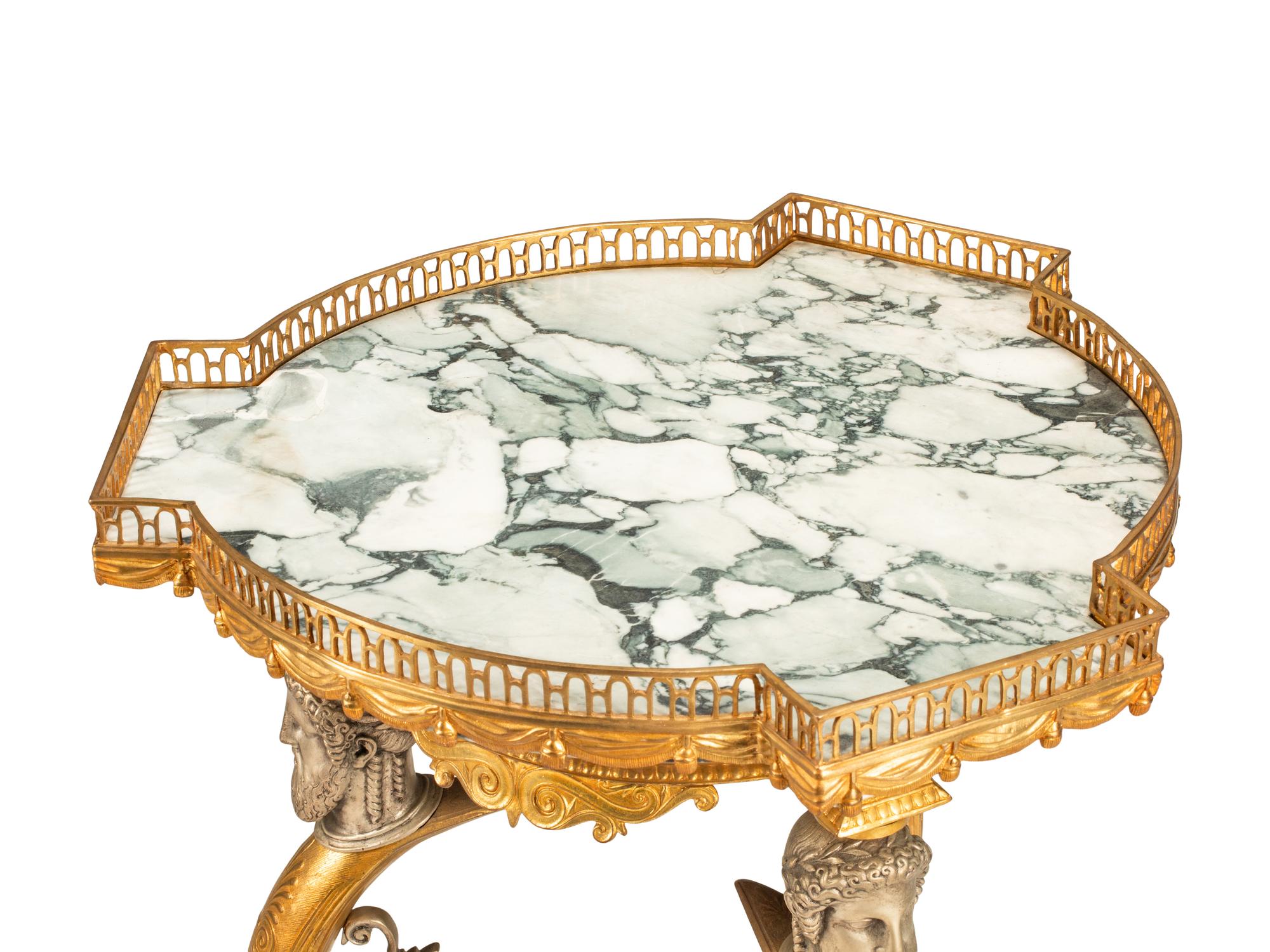 A Pair of French Neoclassical Style Gilt and Silvered Bronze Marble-Top Tables