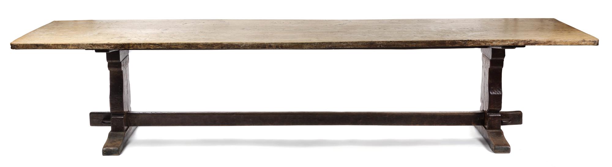 An English Oak Tavern Table, Height 28 x width 144 x depth 33 1/2 inches.