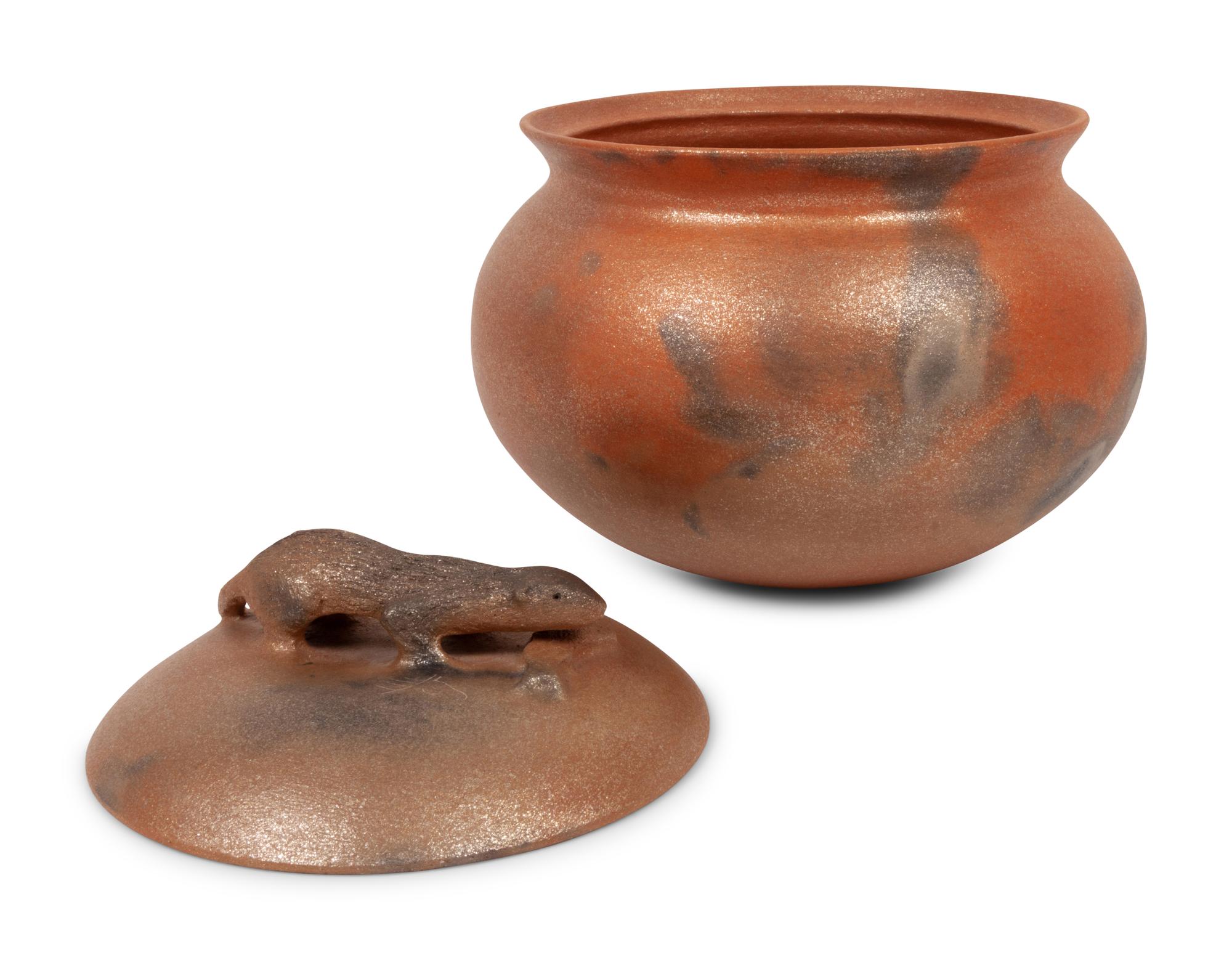 Micaceous Bean Pot, with Otter and Fish