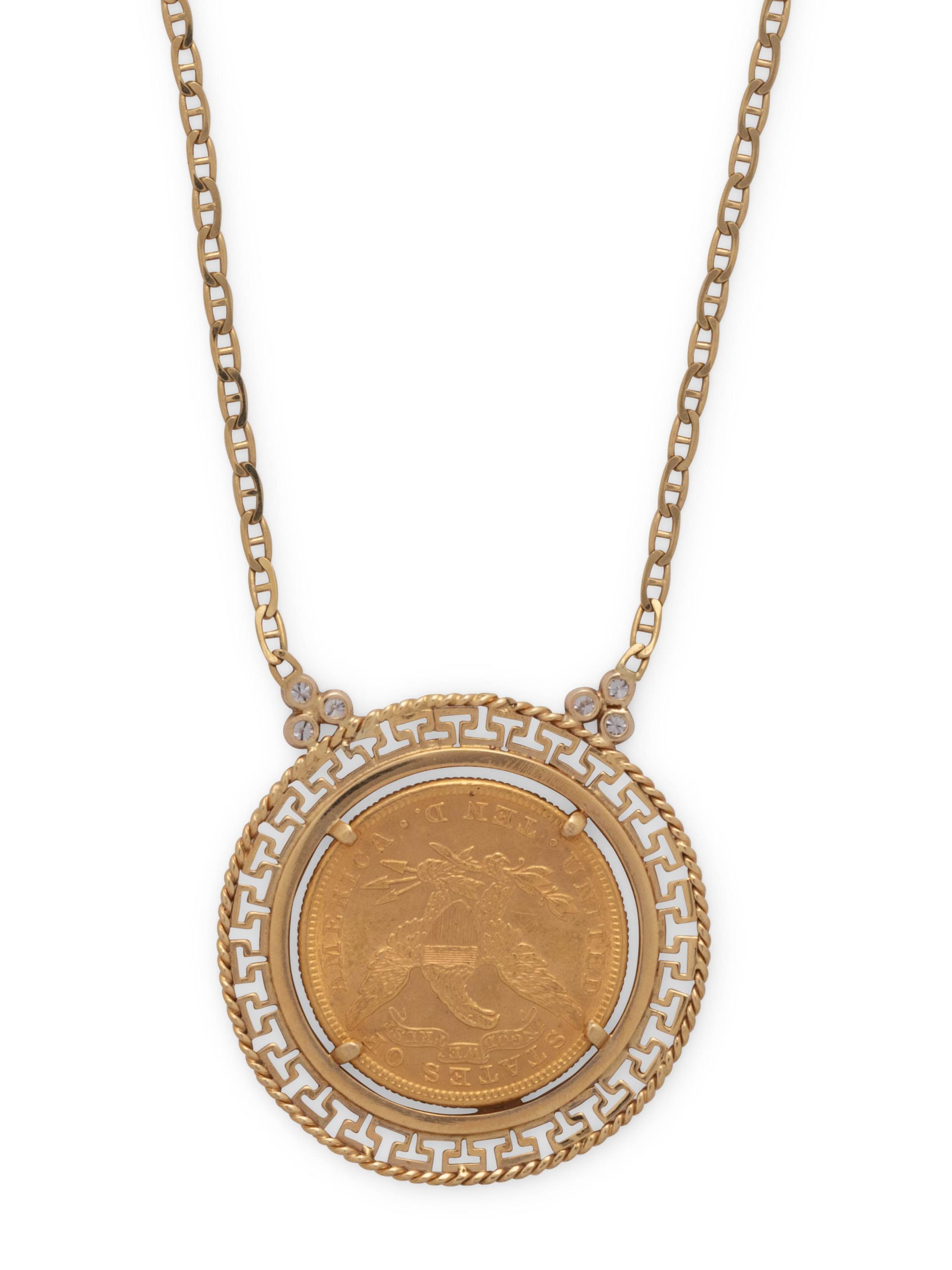 YELLOW GOLD, COIN AND DIAMOND NECKLACE