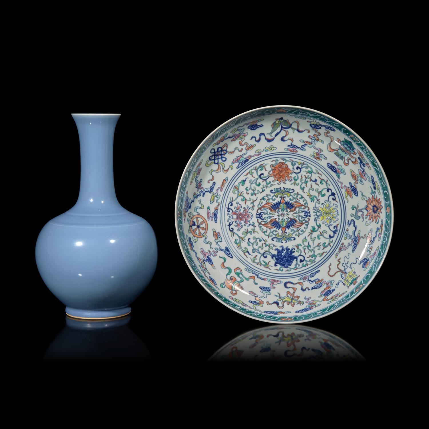 A Large Chinese Doucai Decorated Dish and a Clair de Lune Glazed Vase 斗彩八寶圖賞盤及天藍釉賞瓶