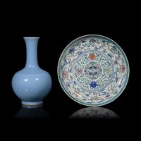 A Large Chinese Doucai Decorated Dish and a Clair de Lune Glazed Vase 斗彩八寶圖賞盤及天藍釉賞瓶
