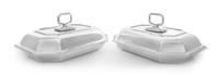 A Pair of Edwardian Silver Covered Entree Dishes, Sebastian Garrard, London, 1905, each of elongated octagonal form.