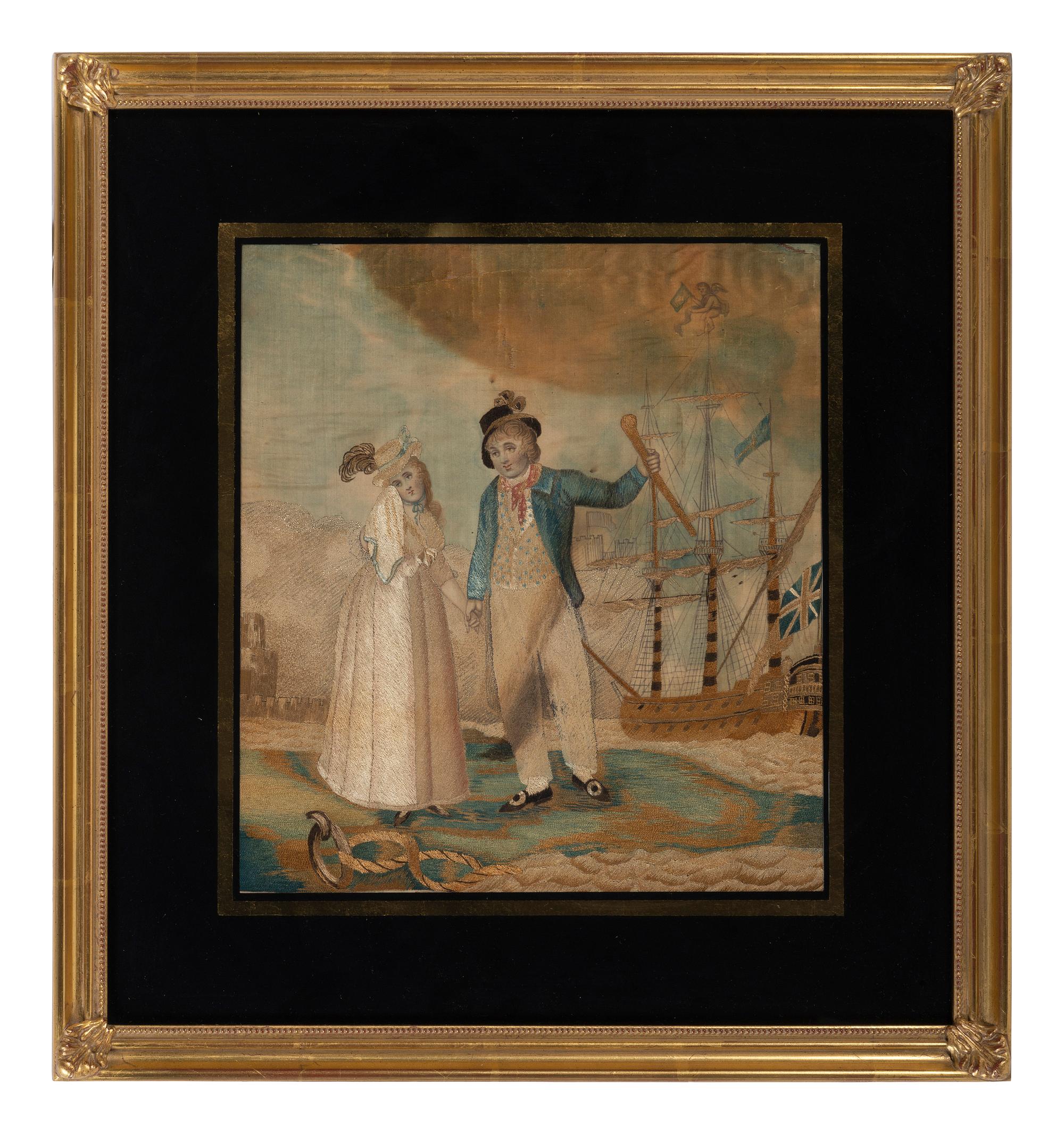 An English Silkwork Embroidered 'Sailor at Port' Picture