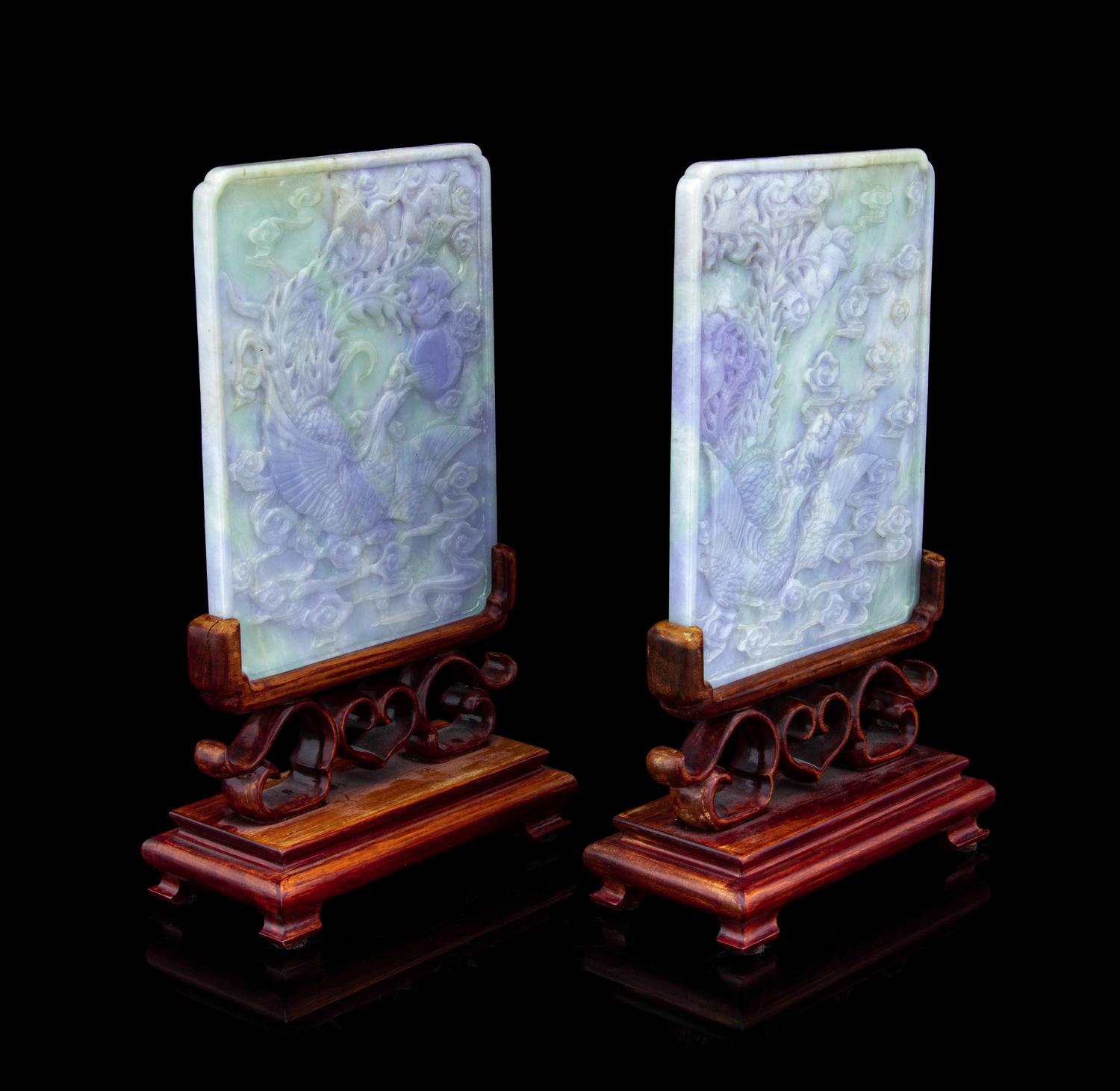A Pair of Light Green and Lavendar Jadeite Table Screens