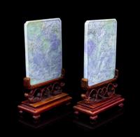 A Pair of Light Green and Lavendar Jadeite Table Screens