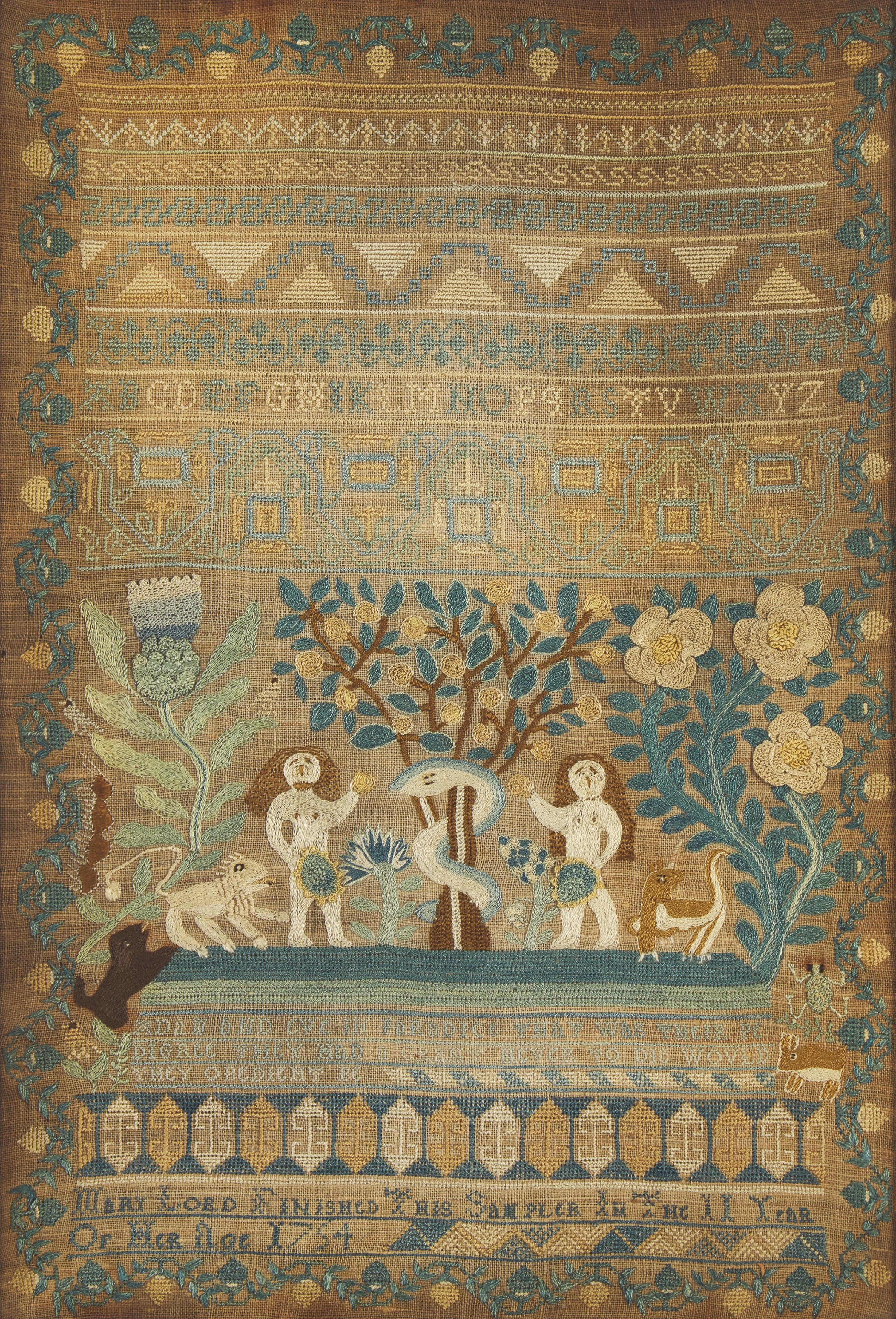 A Rare "Adam & Eve" Needlework Sampler