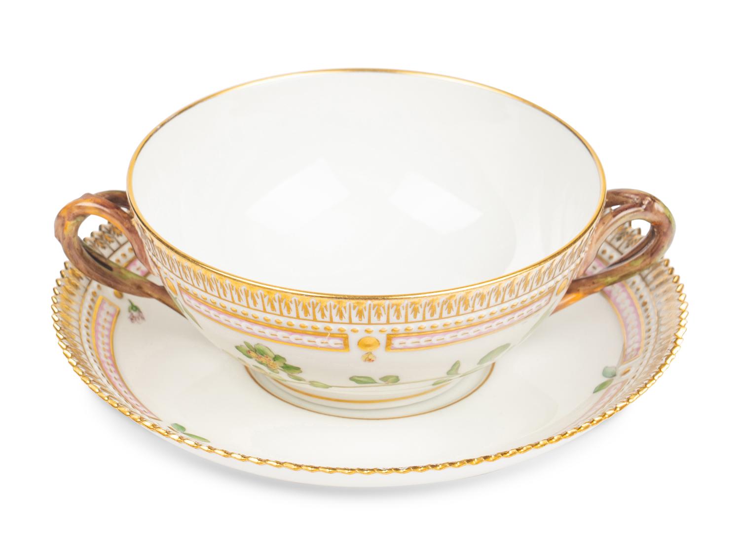 A Set of Royal Copenhagen Flora Danica Porcelain Cream Soup Bowls and Underplates