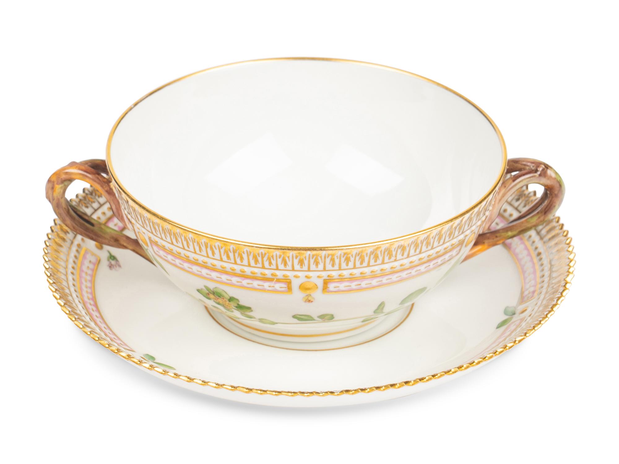 A Set of Royal Copenhagen Flora Danica Porcelain Cream Soup Bowls and Underplates