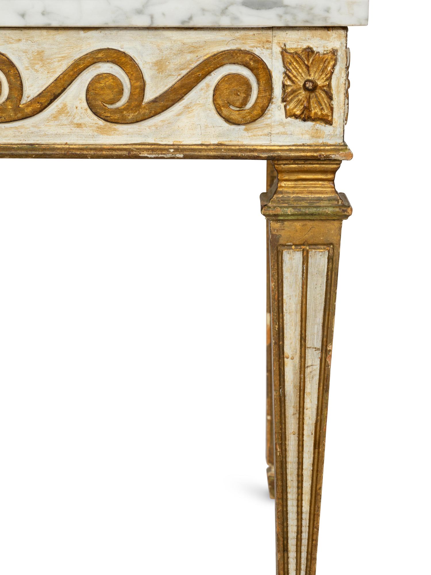 An Italian Cream-Painted Parcel Gilt Side Table with Calacatta Marble Top