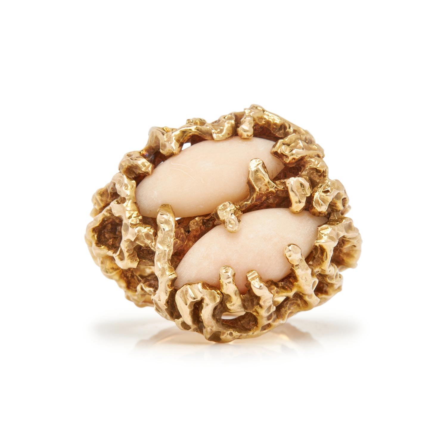 YELLOW GOLD AND ANGEL SKIN CORAL RING