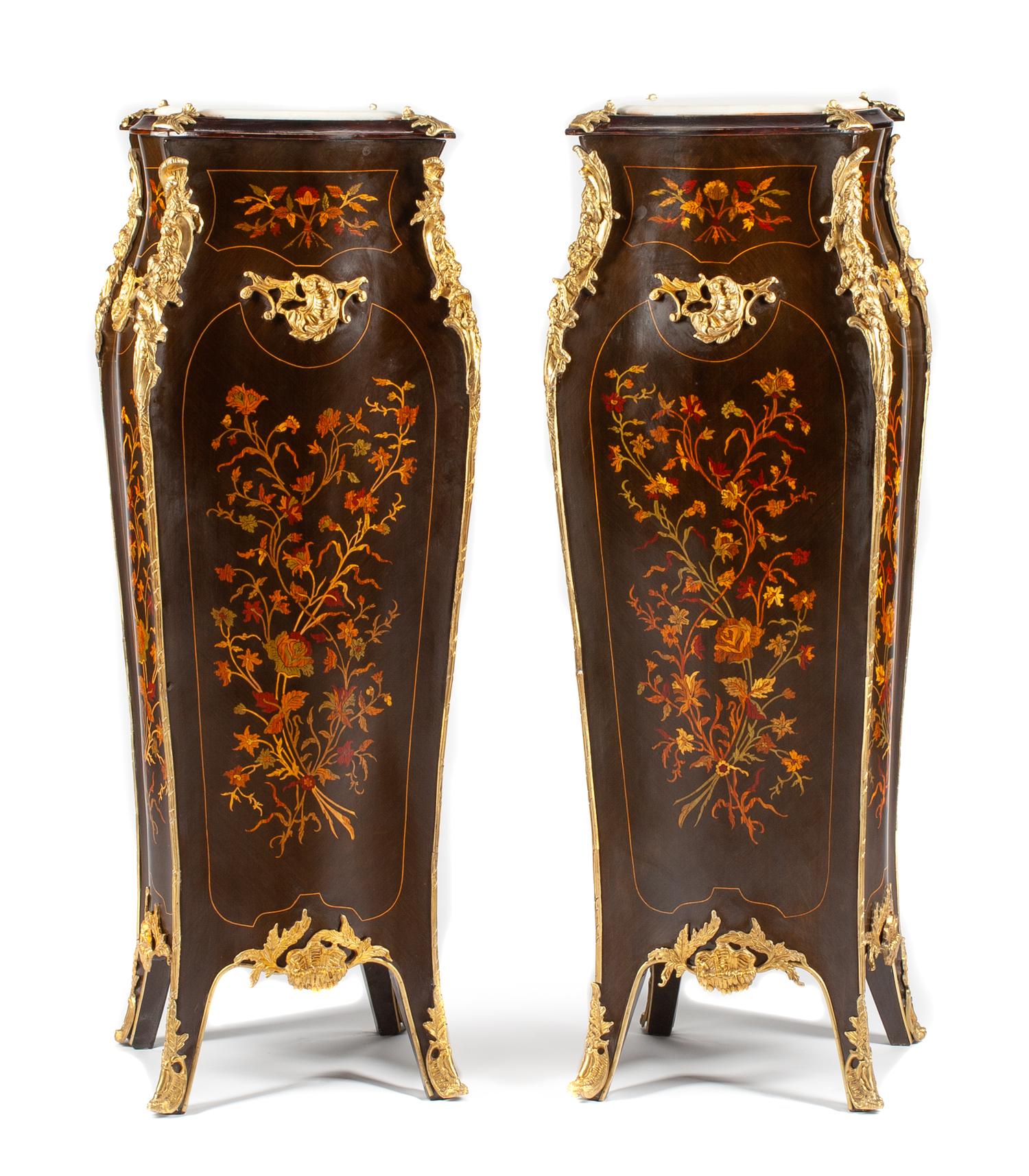 A Pair of Louis XV Style Gilt Bronze Mounted Marquetry Pedestals Height 46 x width 16 x depth 16 inches. — 20TH CENTURY