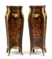 A Pair of Louis XV Style Gilt Bronze Mounted Marquetry Pedestals Height 46 x width 16 x depth 16 inches. — 20TH CENTURY