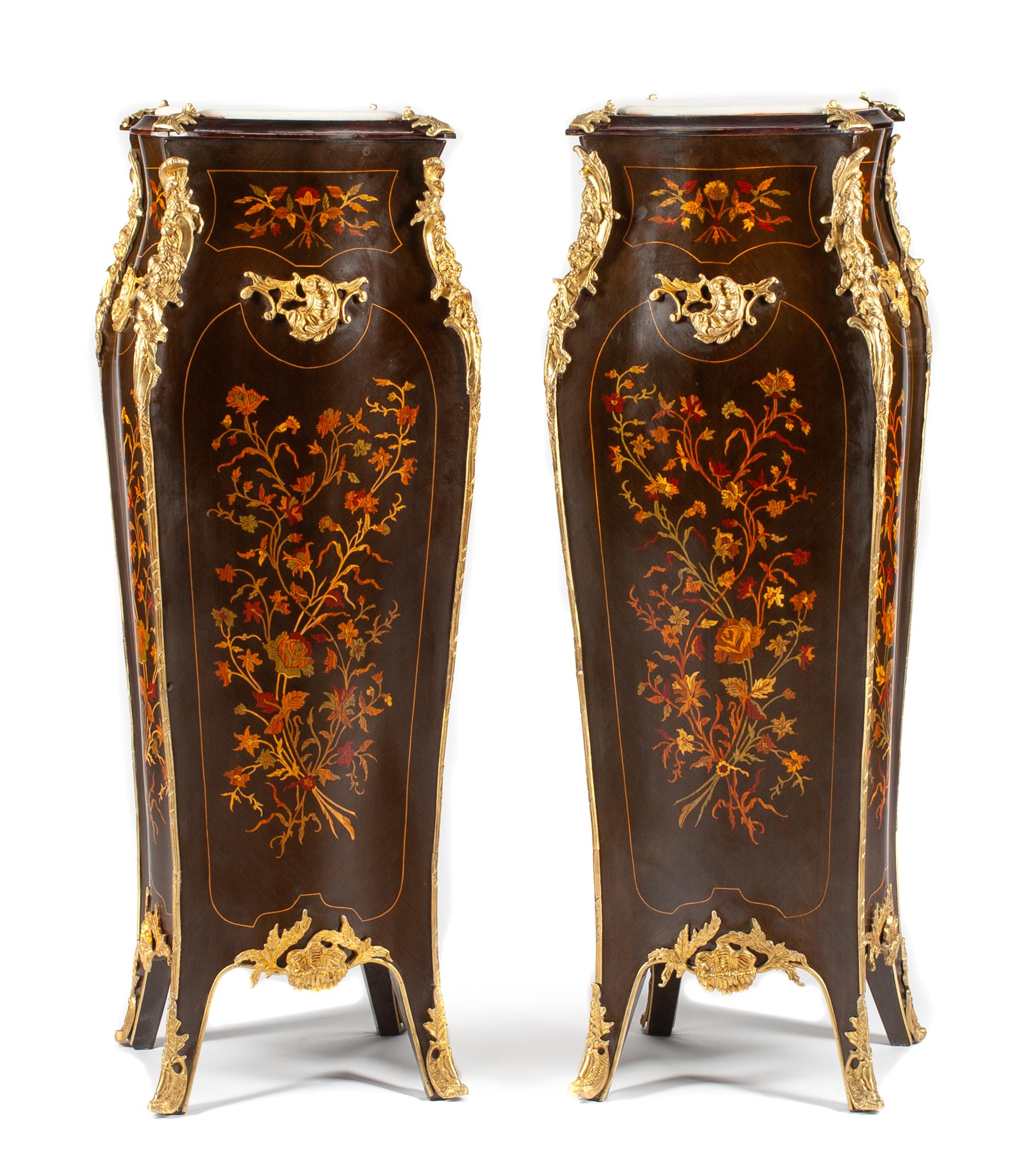 A Pair of Louis XV Style Gilt Bronze Mounted Marquetry Pedestals Height 46 x width 16 x depth 16 inches. — 20TH CENTURY