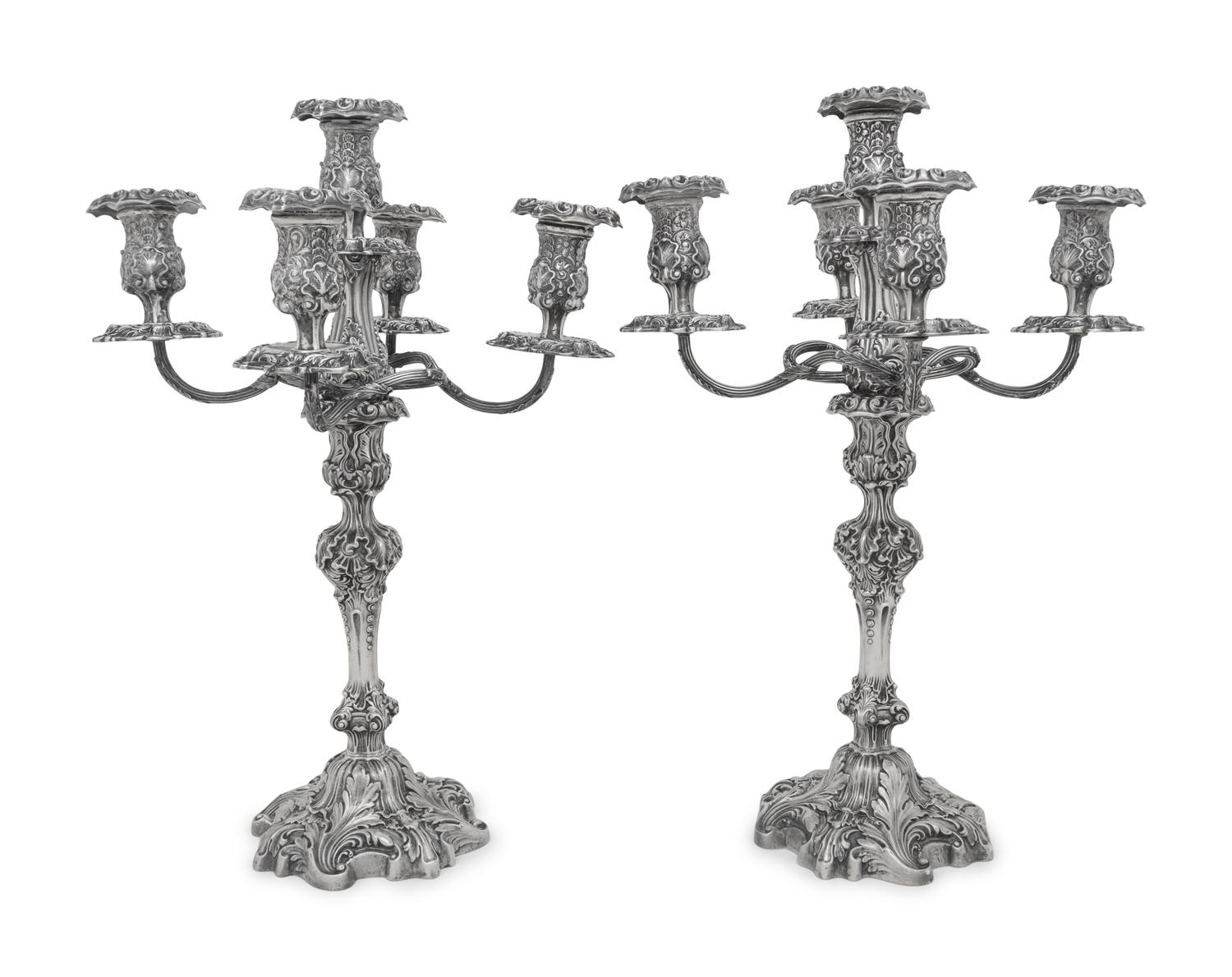 A Pair of American Silver Rococo Revival Five-Light Candelabra