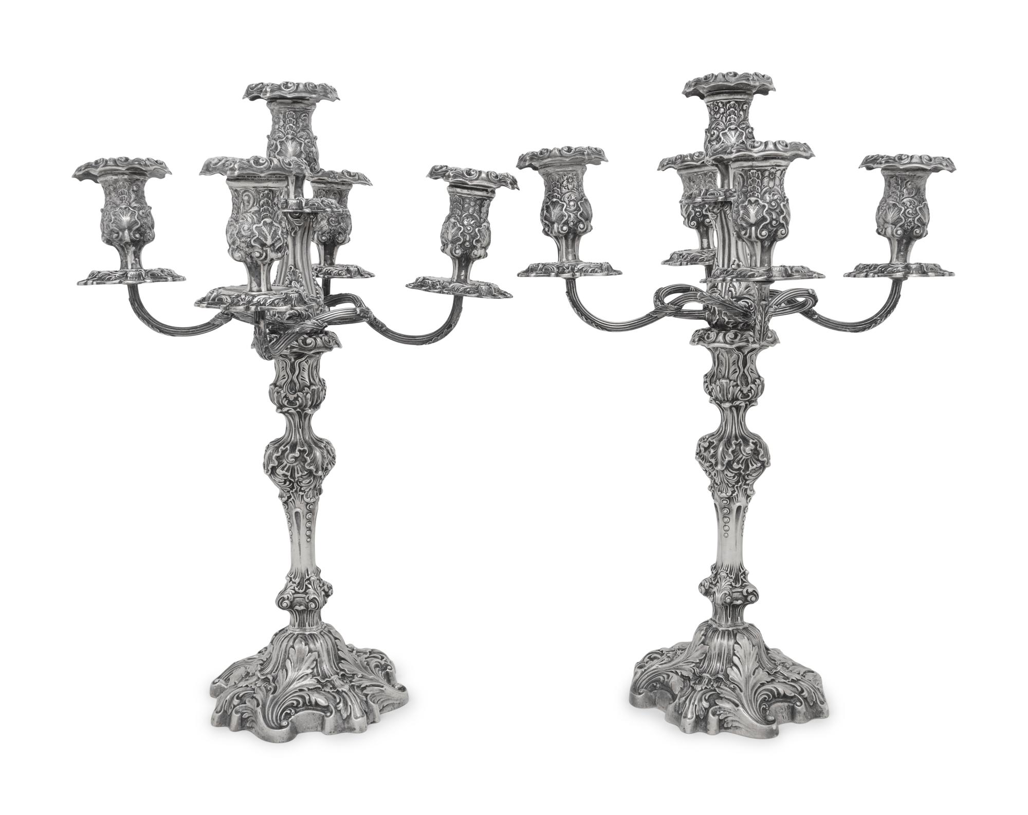 A Pair of American Silver Rococo Revival Five-Light Candelabra