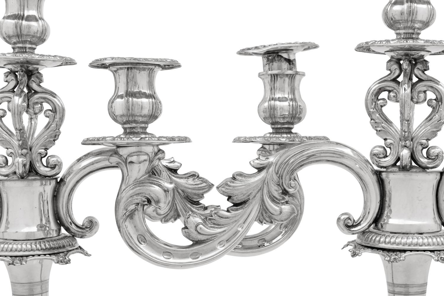 A Pair of Continental Silver Three-Light Candelabra