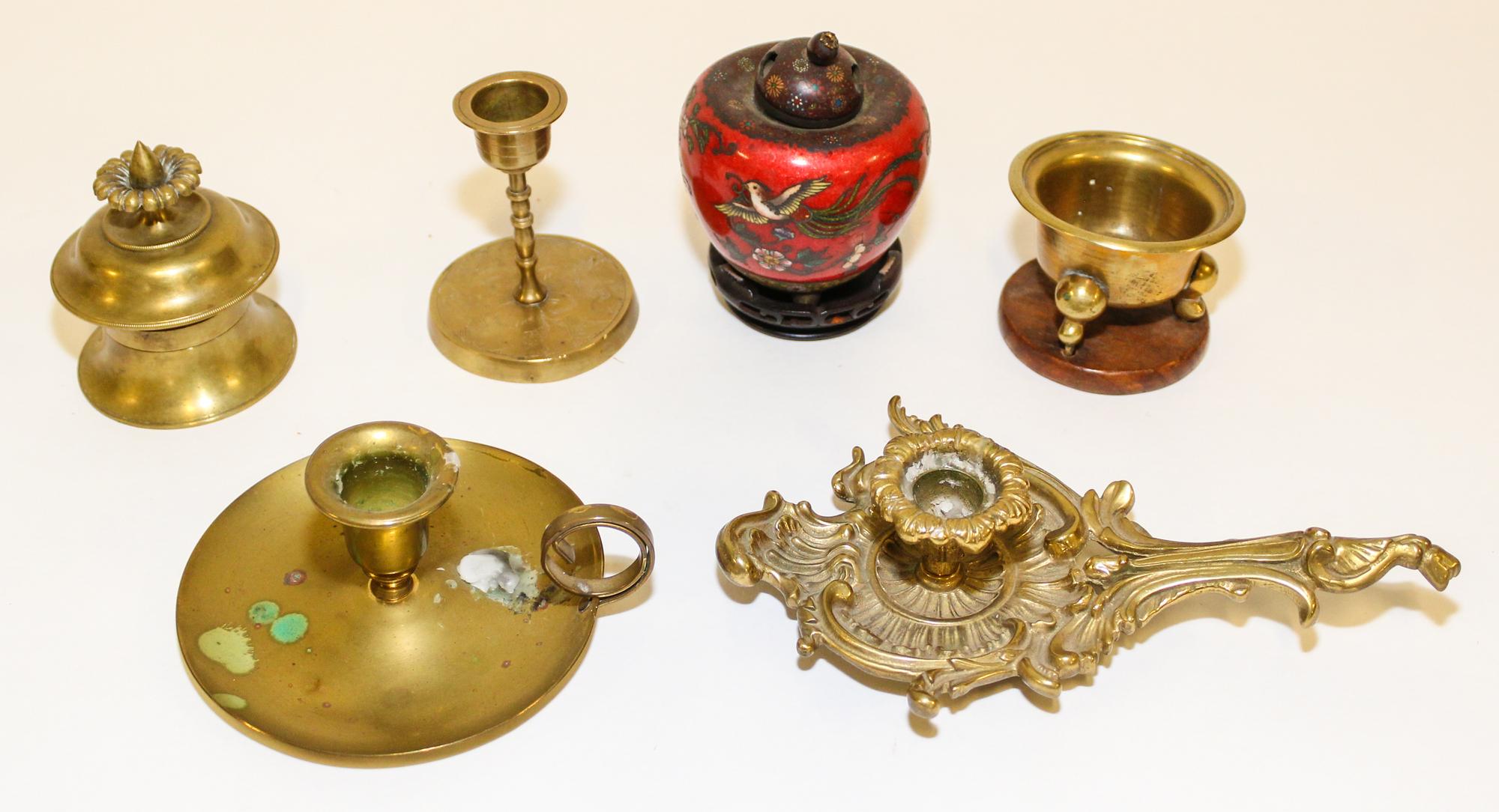 A Group of Five Brass Decorative Articles Width of widest 8 inches.
