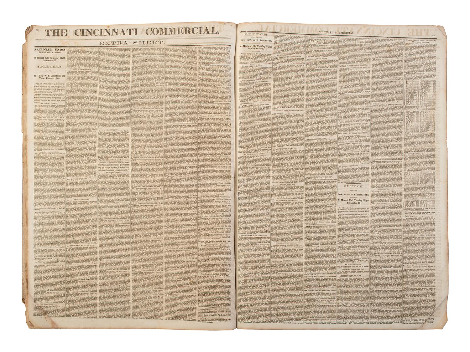 [POLITICS - RECONSTRUCTION]. The Cincinnati Commercial. Speeches of the Campaign of 1866 in the States of Ohio, Indiana, and Kentucky . Cincinnati, OH, 1866.