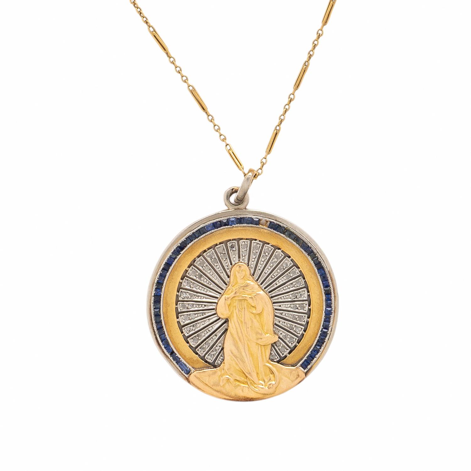 Yellow Gold, Diamond, and Sapphire Pendant Necklace
