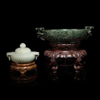 Two Chinese Jade Vessels, 20th Century 近代 碧玉雙耳洗及青白玉香爐