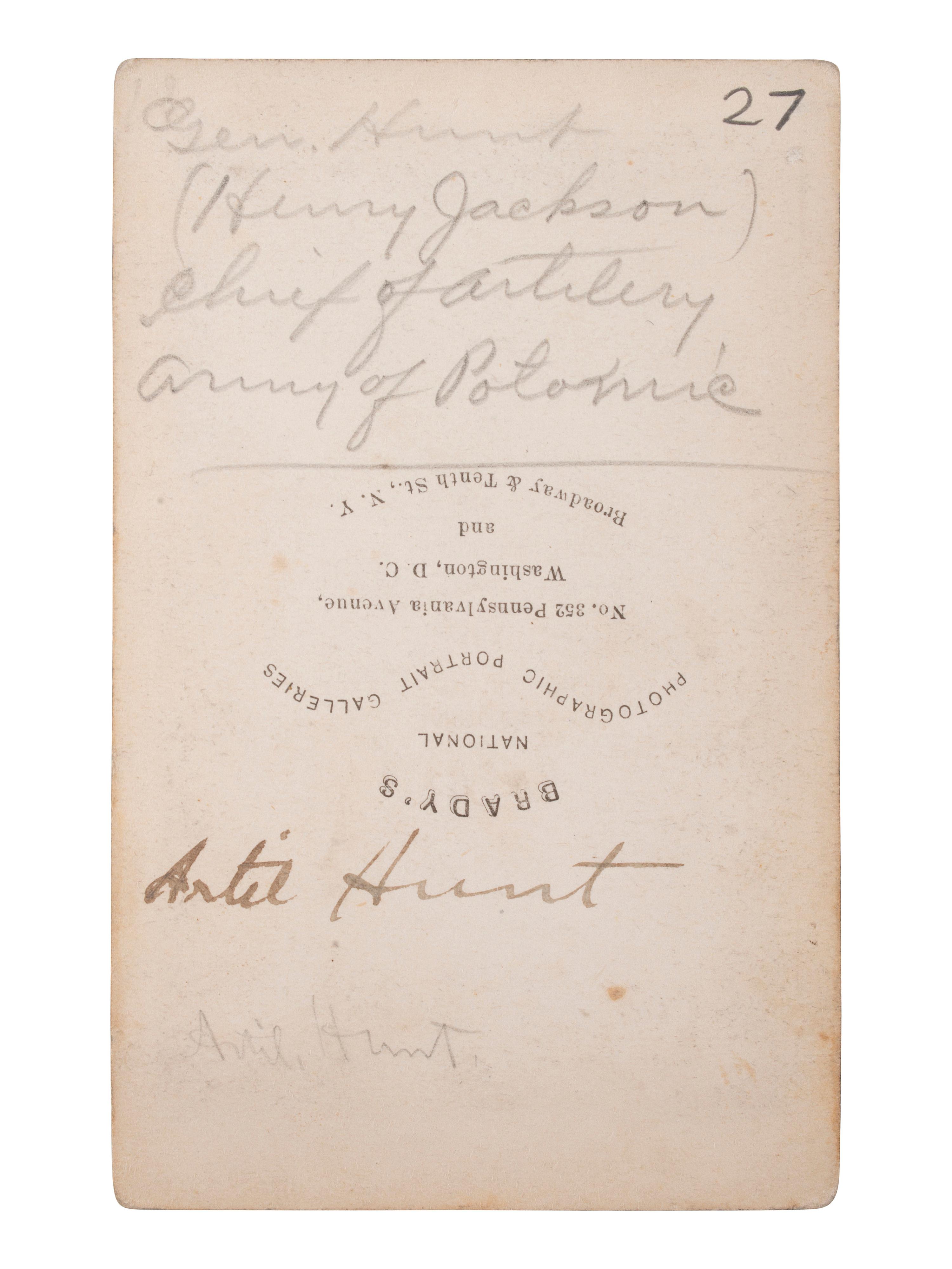 [CIVIL WAR - GETTYSBURG]. BRADY, Mathew (1822-1896), photographer. CDV of General Henry Jackson Hunt, Chief of Artillery, Army of Potomac. Washington, DC.