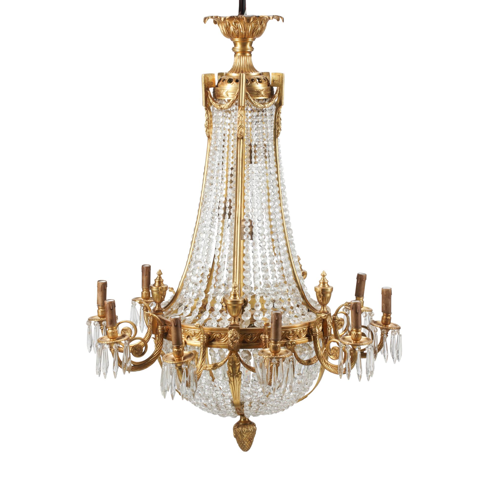 A Pair of French Neoclassical Style Gilt Bronze and Cut Glass Ten-Light Chandeliers