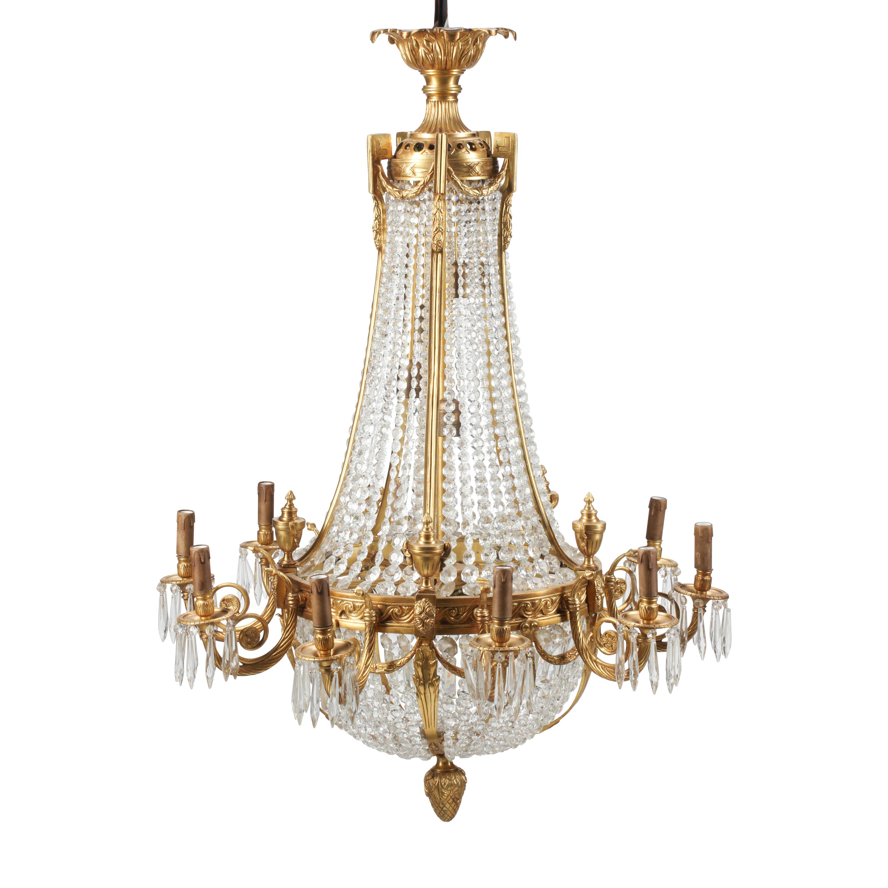 A Pair of French Neoclassical Style Gilt Bronze and Cut Glass Ten-Light Chandeliers
