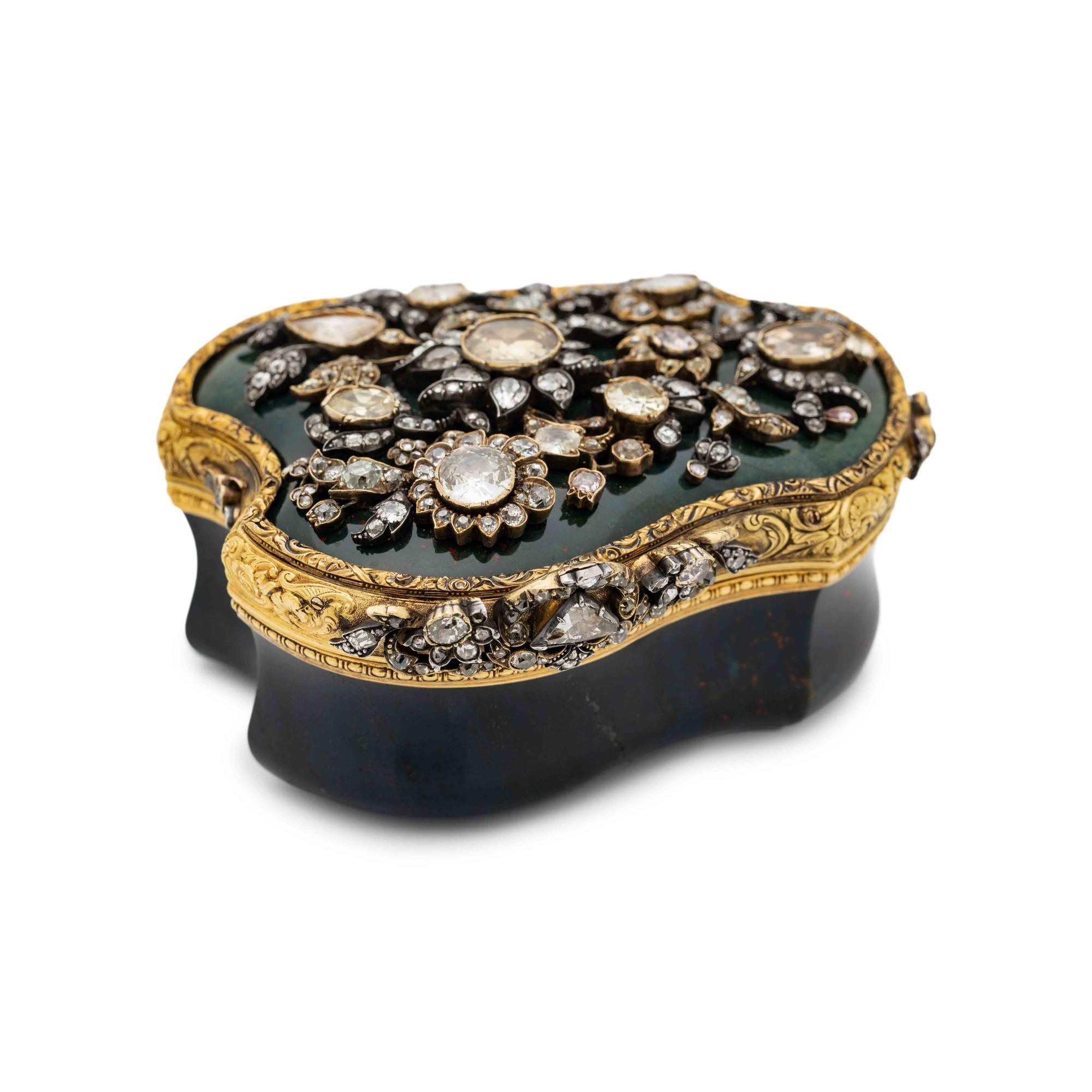 A Diamond, Colored Diamond and Gold Mounted Bloodstone Box